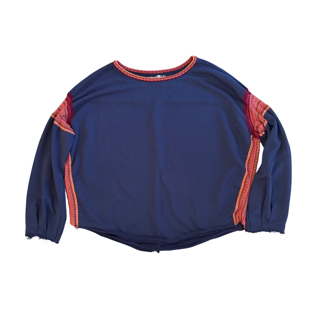 Natural Life Knit Trim Sweatshirt L/XL Boho Raw Edge Oversized Casual Navy Red - Picture 9 of 11
